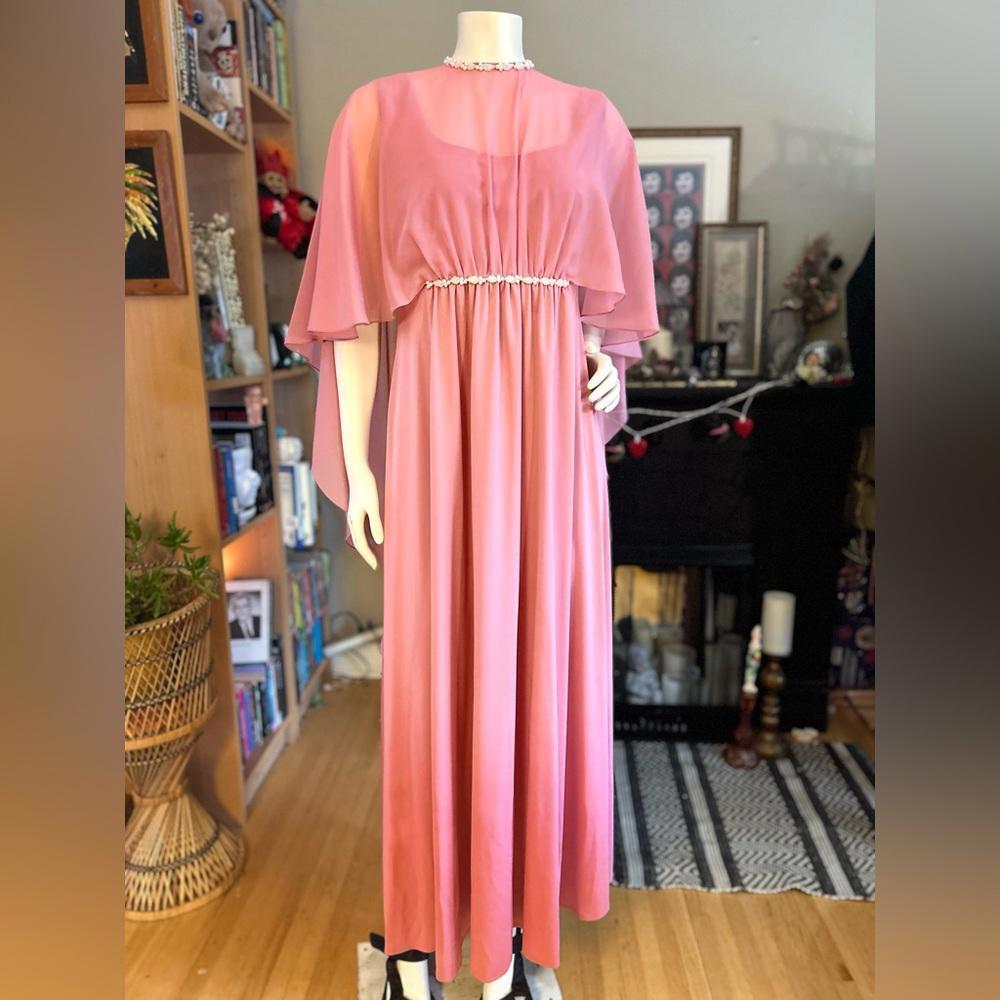 70s Pink Knit Maxi Dress Chiffon Capelet medium Formal Gown angel wings goddess